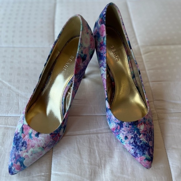 Sears Abstract Floral Print Point Tie Stiletto Angie Heels Size 7.5 - Picture 15 of 16